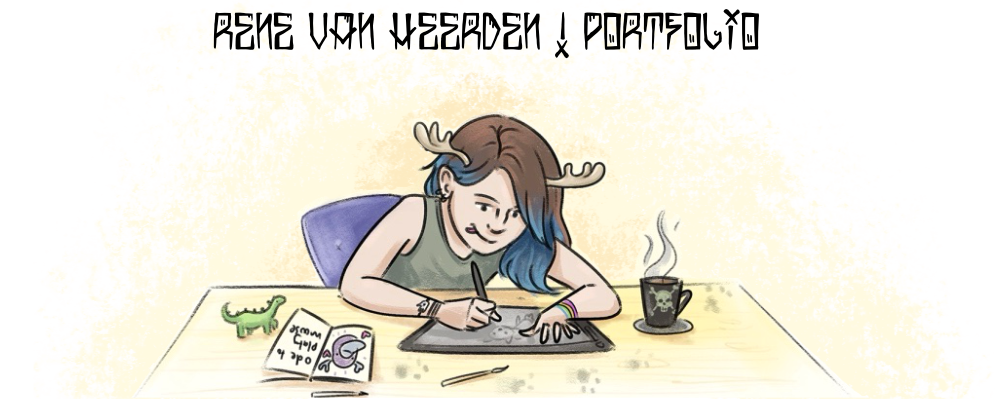 banner image - a sketch of the artist at work, titled René van Heerden